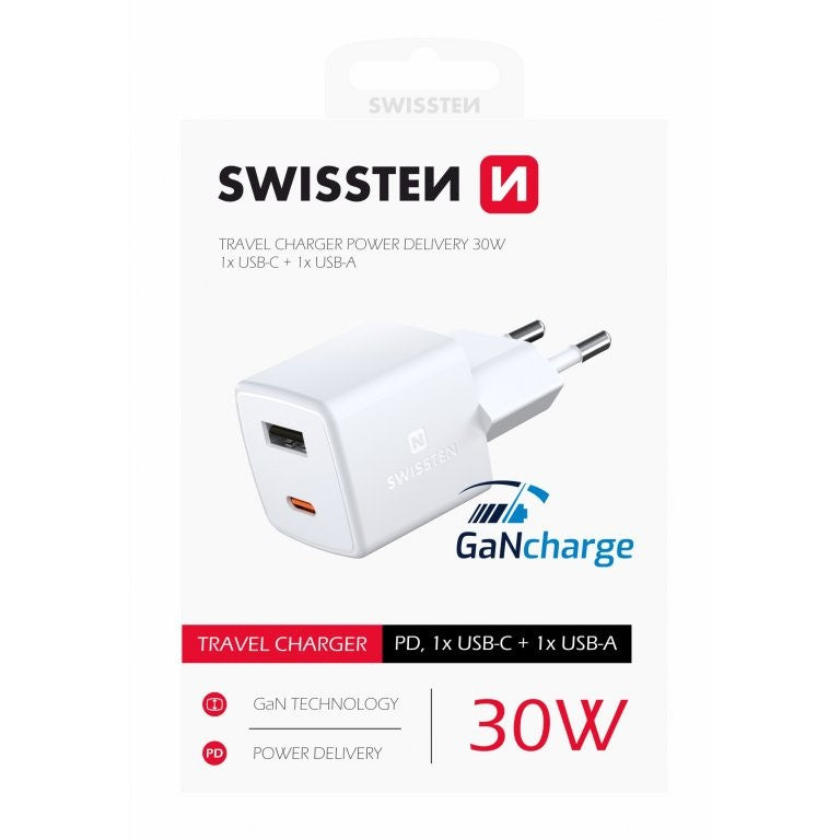 Karikues SWISSTEN 30W, Mini GaN, USB-C + USB